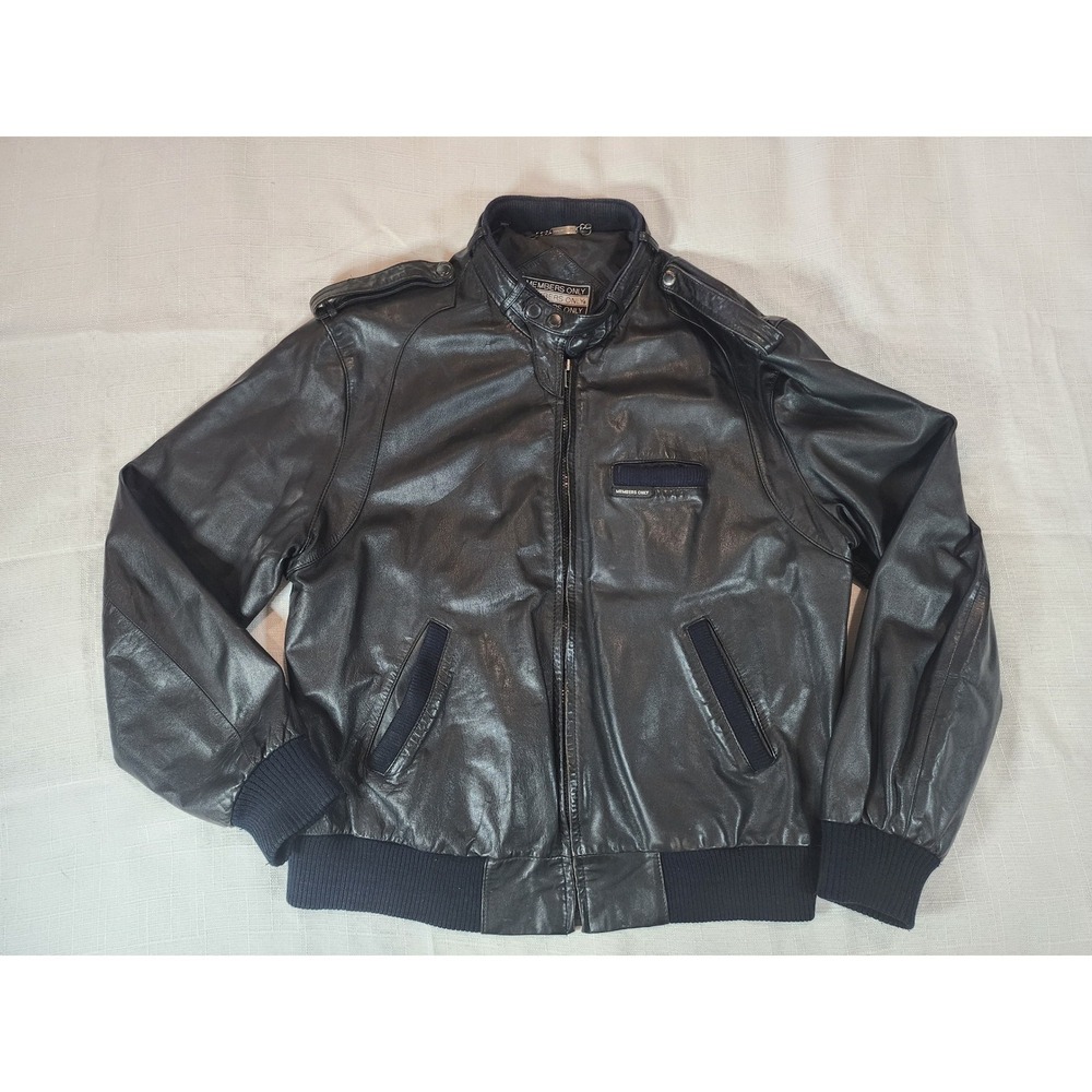 Vintage Members Only Black Leather Cafe Racer Jacket 80s Moto Bomber Size 42